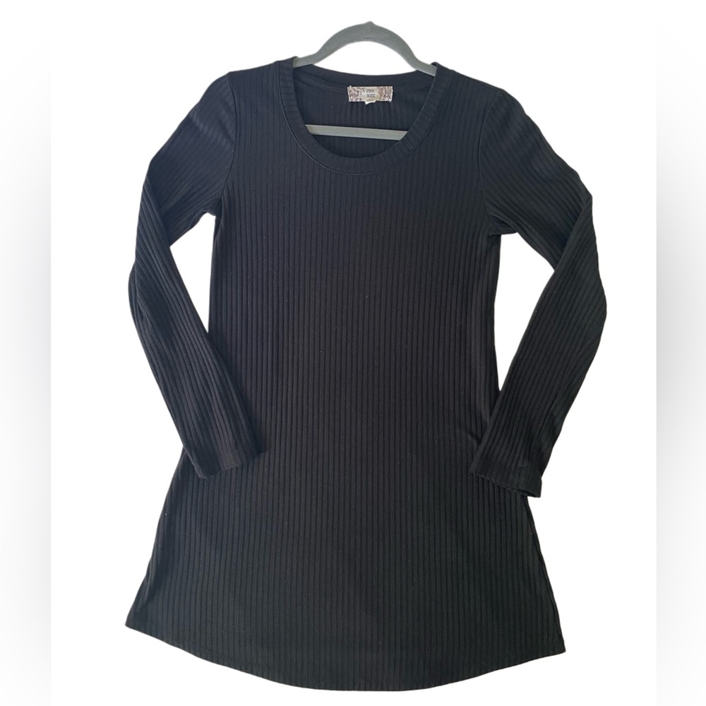 Pink Rose Black Ribbed Long Sleeve Mini Dress